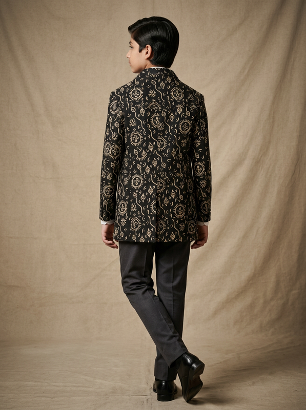 Boy wearing midnight black hand block printed celestial cotton shacket back view