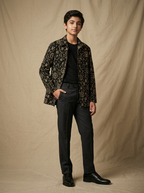 Boy wearing midnight black hand block printed celestial cotton shacket front view