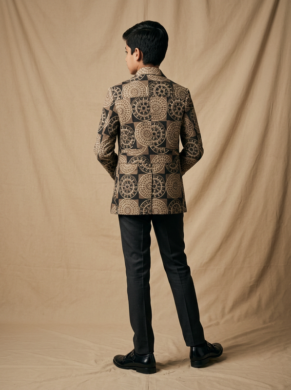 Boy wearing black beige medallion hand block printed cotton shacket back view