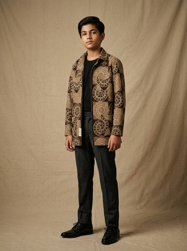 Boy wearing black beige medallion hand block printed cotton shacket front view