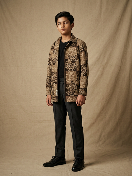 Boy wearing black beige medallion hand block printed cotton shacket front view