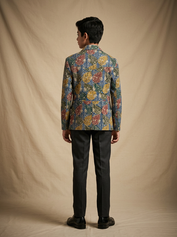 Boy wearing blue multicolour paisley hand block printed cotton shacket back view
