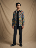 Boy wearing blue multicolour paisley hand block printed cotton shacket front view