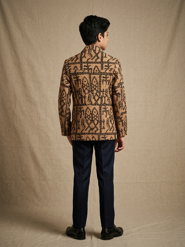 Boy wearing rust brown tribal script hand block printed cotton shacket with dual chest pockets back view