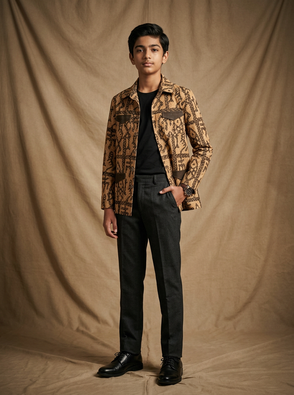 Boy wearing rust brown tribal script hand block printed cotton shacket with dual chest pockets front view