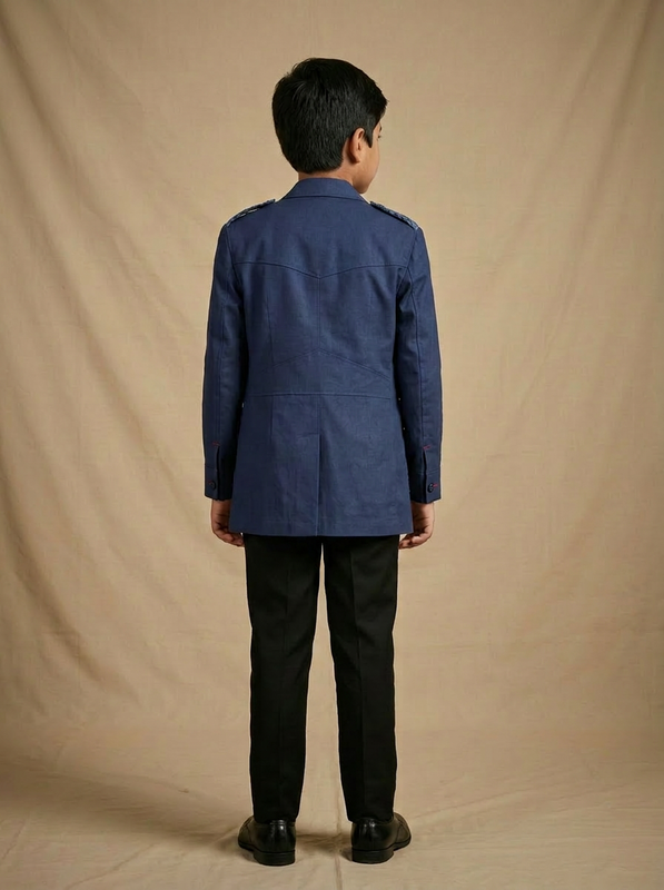 Boys navy blue cotton shacket with block printed pocket flaps and epaulettes — back view