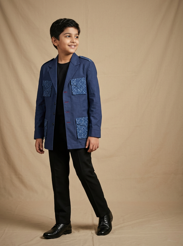 Boys navy blue cotton shacket with block printed pocket flaps and epaulettes — front view