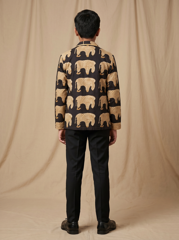 Boys black camel elephant hand block printed cotton shacket — back view