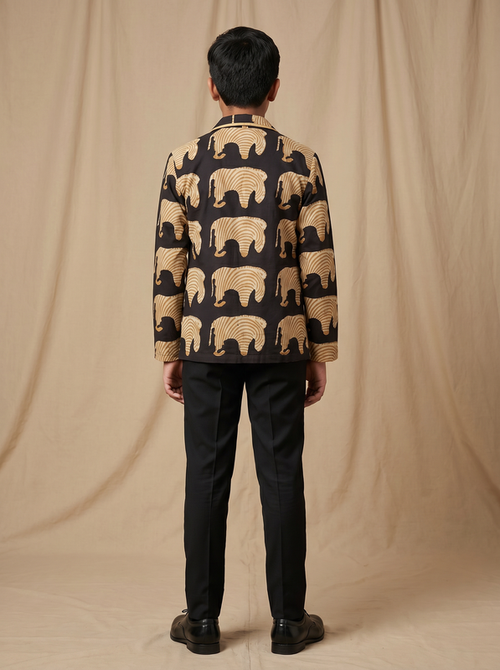 Boys black camel elephant hand block printed cotton shacket — back view