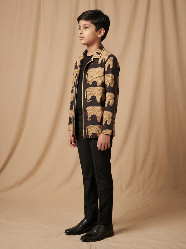 Boys black camel elephant hand block printed cotton shacket — side view