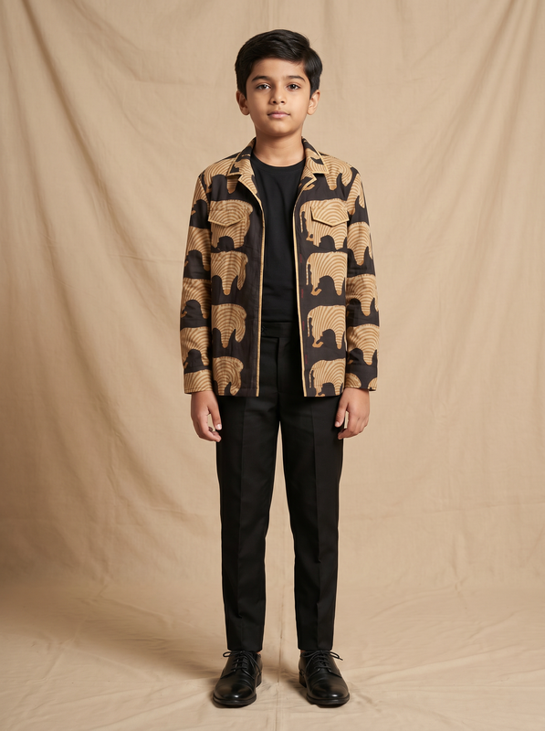 Boys black camel elephant hand block printed cotton shacket — front view