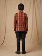 Boys red mustard geometric diamond hand block printed cotton shacket — back view