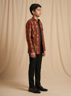Boys red mustard geometric diamond hand block printed cotton shacket — side view