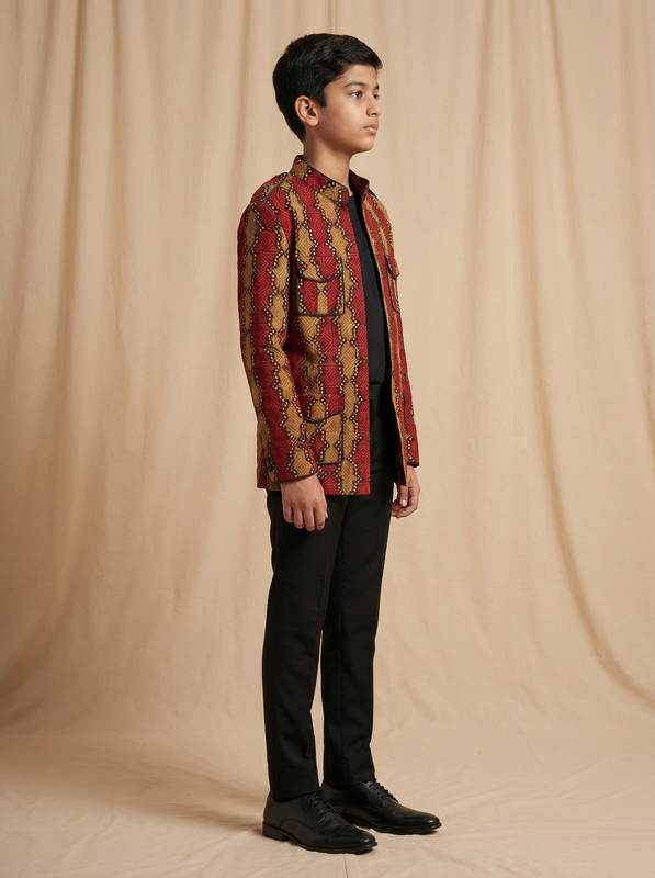 Boys red mustard geometric diamond hand block printed cotton shacket — side view