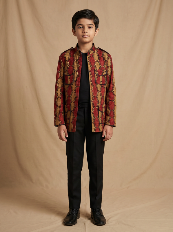 Boys red mustard geometric diamond hand block printed cotton shacket — front view