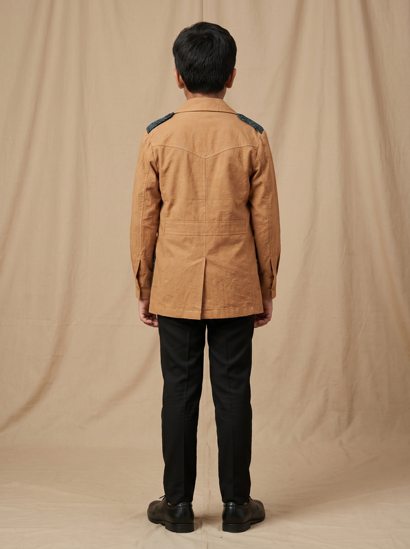 Boys camel cotton shacket with contrast indigo block printed pocket flaps — back view