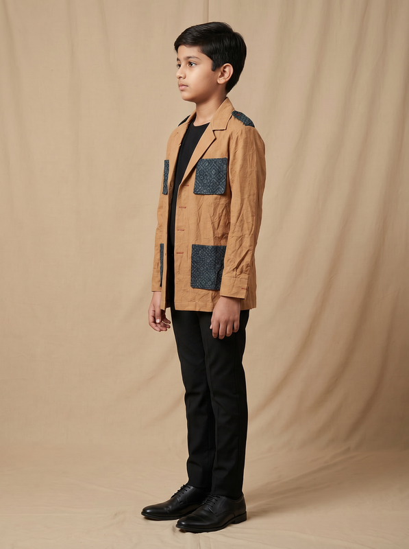 Boys camel cotton shacket with contrast indigo block printed pocket flaps — side view