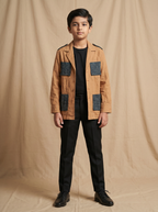 Boys camel cotton shacket with contrast indigo block printed pocket flaps — front view