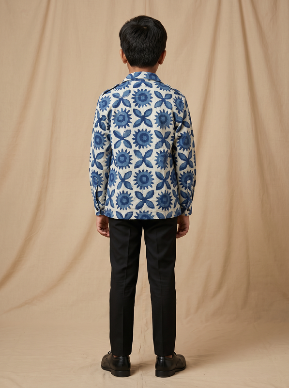 Boys off white blue sunflower hand block printed cotton shacket — back view