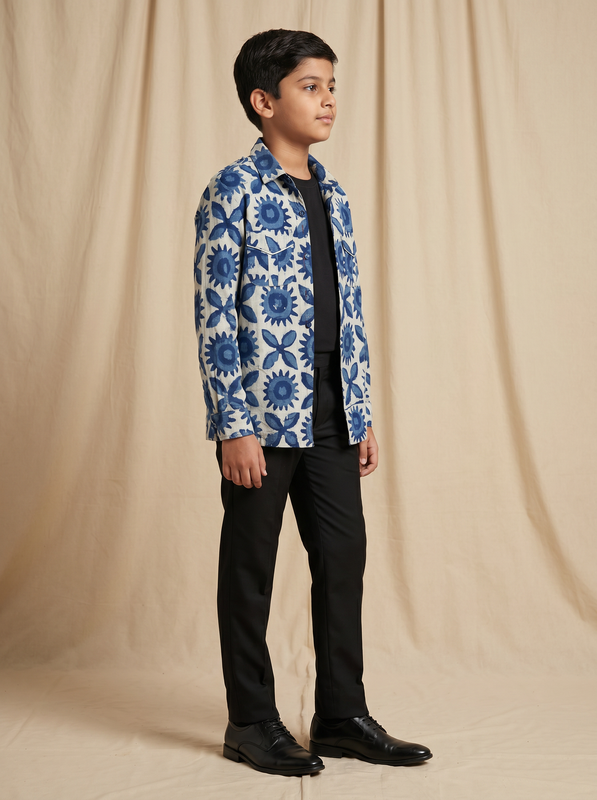 Boys off white blue sunflower hand block printed cotton shacket — side view