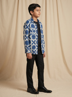 Boys off white blue sunflower hand block printed cotton shacket — side view