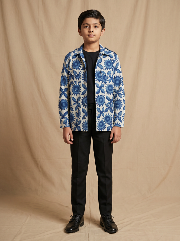 Boys off white blue sunflower hand block printed cotton shacket — front view