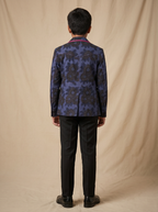 Boys navy blue dark sunflower printed cotton shacket with pink piping — back view