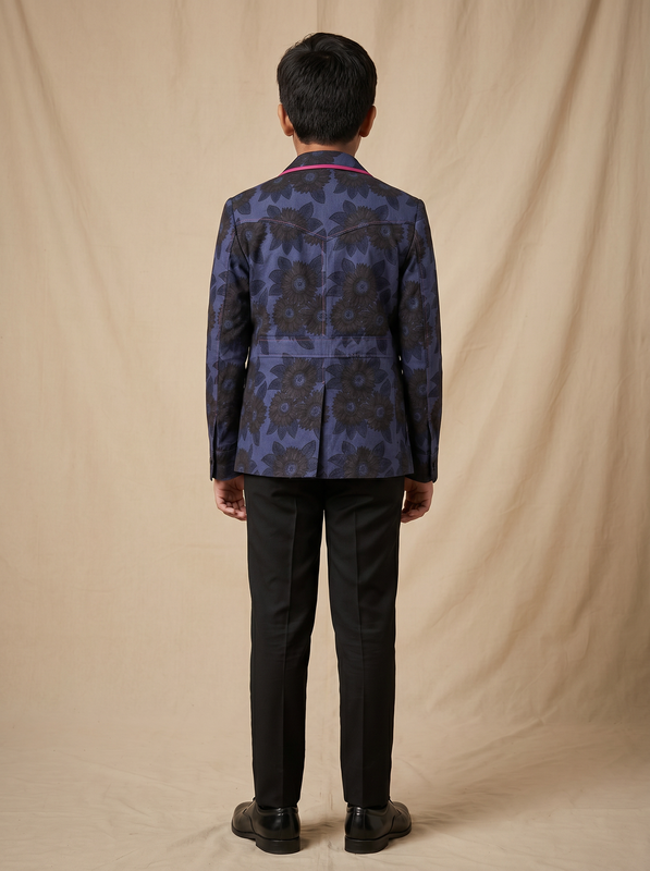 Boys navy blue dark sunflower printed cotton shacket with pink piping — back view