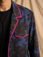 Boys navy blue sunflower shacket — close-up of dark print and pink piping detail on collar and pocket