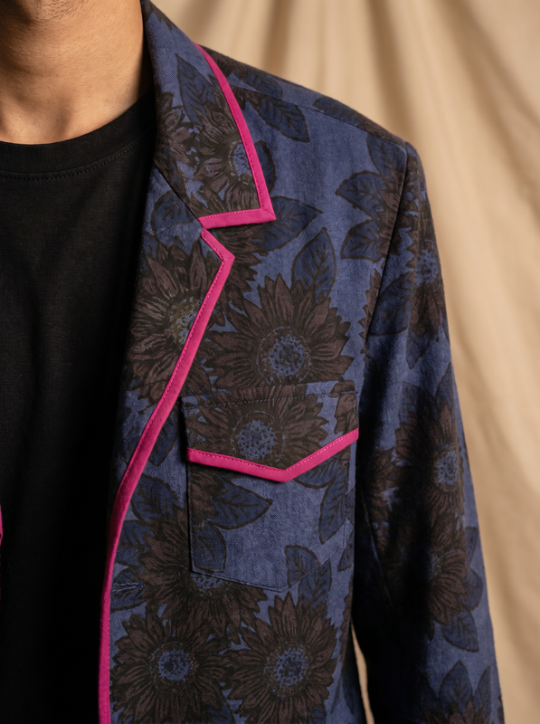 Boys navy blue sunflower shacket — close-up of dark print and pink piping detail on collar and pocket