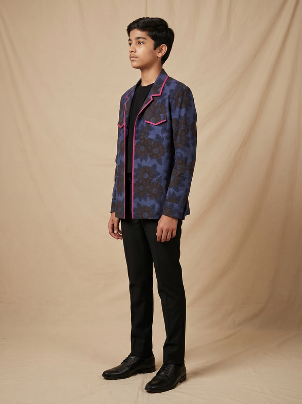 Boys navy blue dark sunflower printed cotton shacket with pink piping — side view