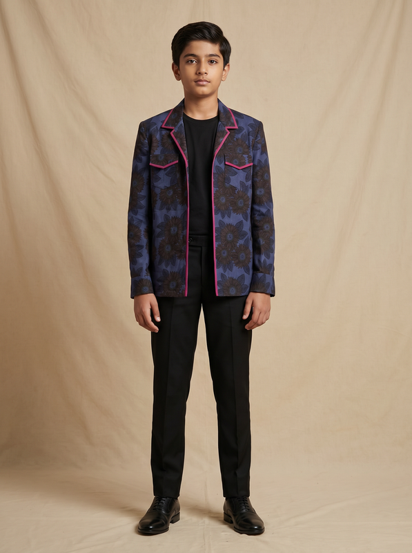 Boys navy blue dark sunflower printed cotton shacket with pink piping — front view