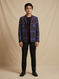 Boys navy blue dark sunflower printed cotton shacket with pink piping — front view