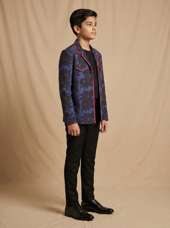 Boys navy blue dark sunflower printed cotton shacket with red piping — side view