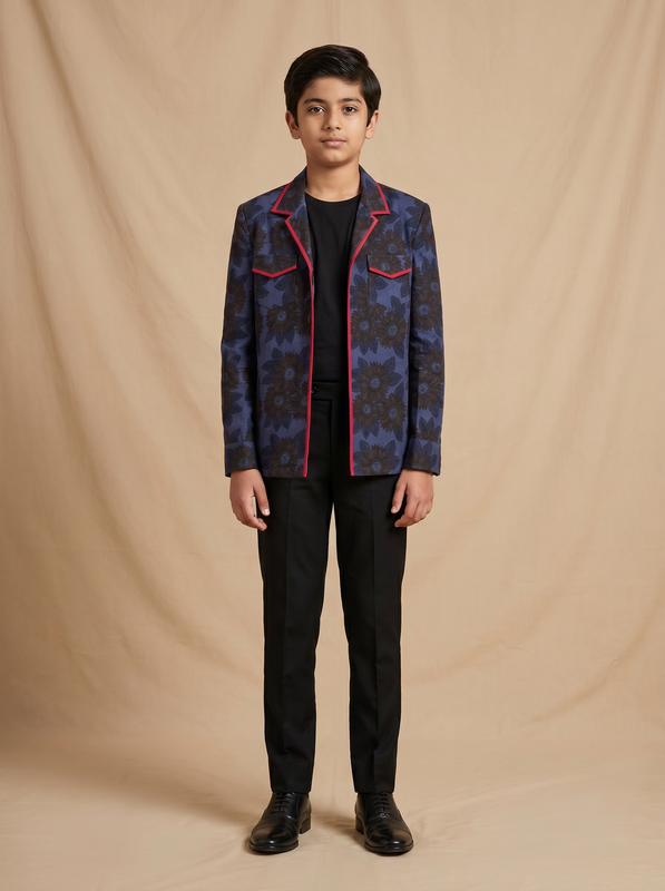 Boys navy blue dark sunflower printed cotton shacket with red piping — front view