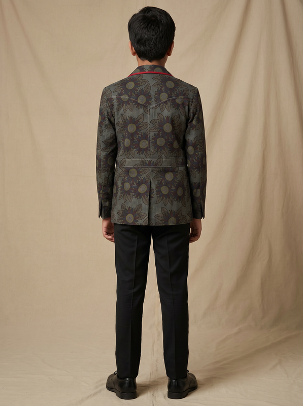 Boys olive grey dark sunflower printed cotton shacket with red piping — back view