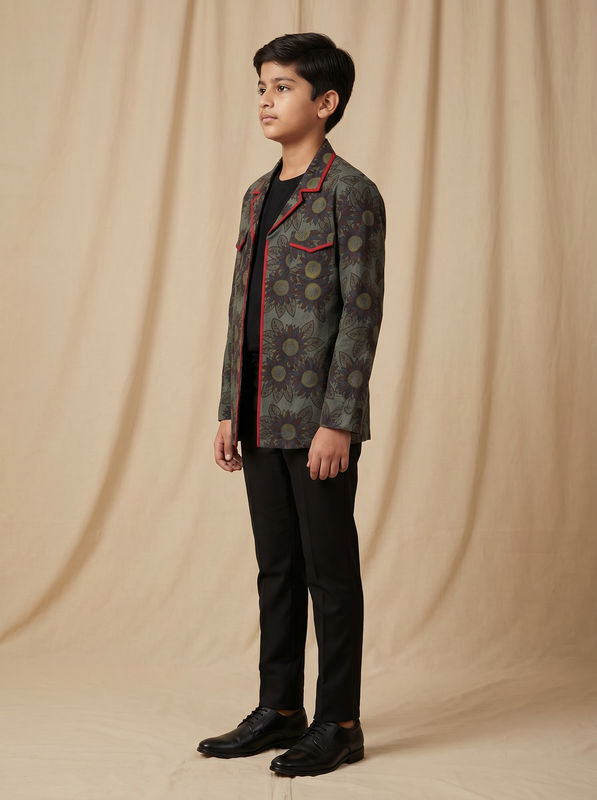 Boys olive grey dark sunflower printed cotton shacket with red piping — side view