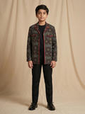 Boys olive grey dark sunflower printed cotton shacket with red piping — front view