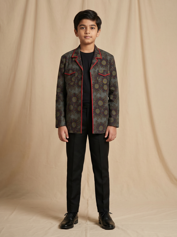 Boys olive grey dark sunflower printed cotton shacket with red piping — front view