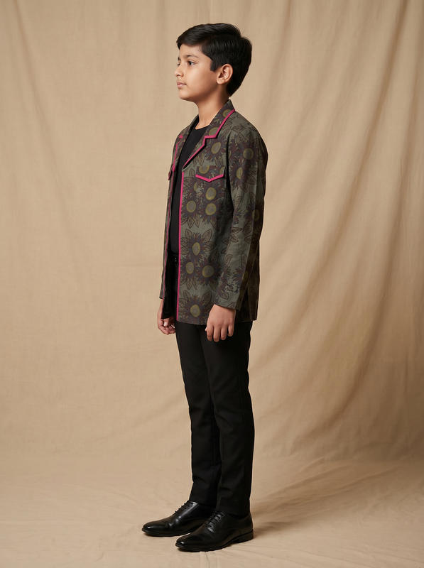 Boys olive grey dark sunflower printed cotton shacket with pink piping — side view