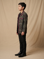 Boys olive grey dark sunflower printed cotton shacket with pink piping — side view