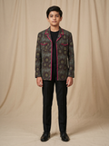 Boys olive grey dark sunflower printed cotton shacket with pink piping — front view