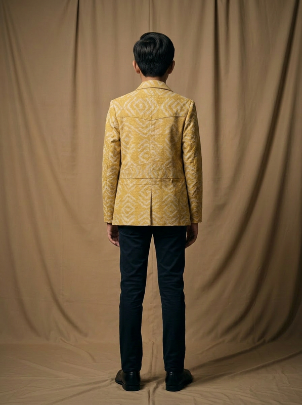 Boys wearing mustard hand block printed cotton shacket back view