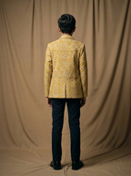 Boys wearing mustard hand block printed cotton shacket back view