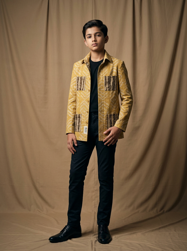 Boys wearing mustard hand block printed cotton shacket front view