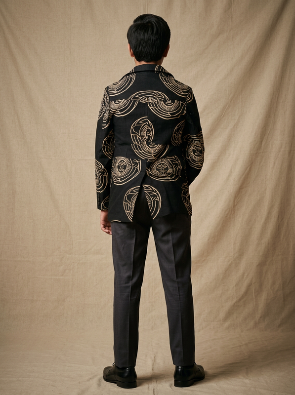 Boys wearing black hand block printed cotton shacket back view