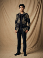 Boys wearing black hand block printed cotton shacket front view