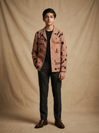 Boys wearing dusty rose hand block printed cotton shacket front view