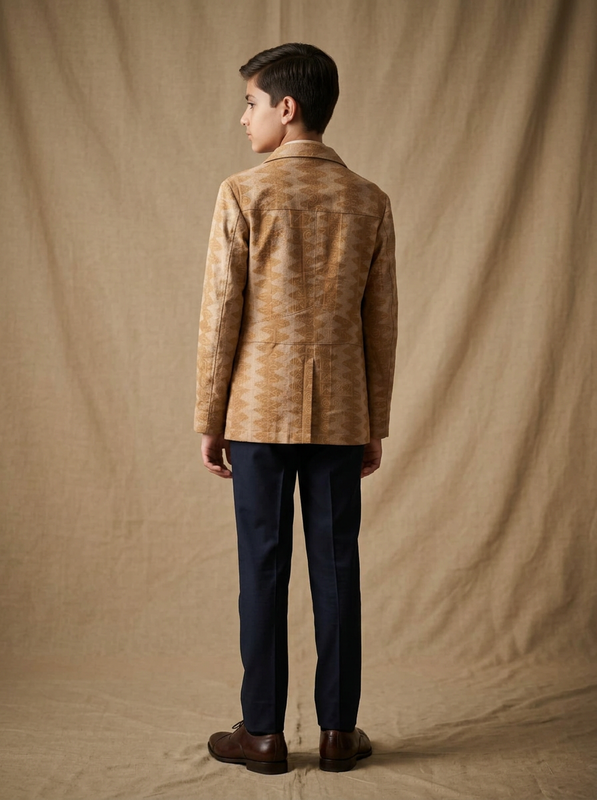 Boys wearing beige tribal hand block printed cotton shacket full view