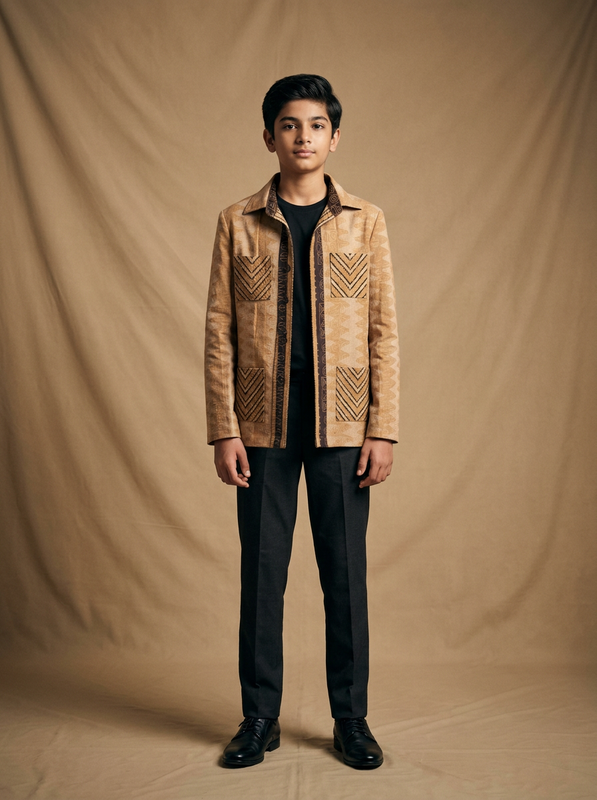 Boys wearing beige tribal hand block printed cotton shacket front view
